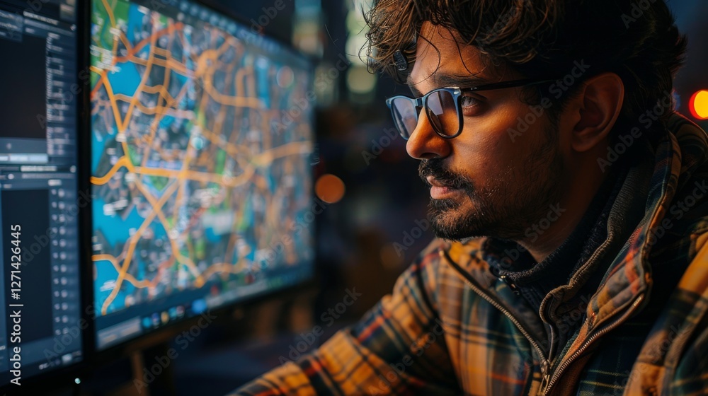 Aufkleber A young man wearing glasses is focused on multiple computer screens displaying detailed maps and data while working late in a contemporary office setting.