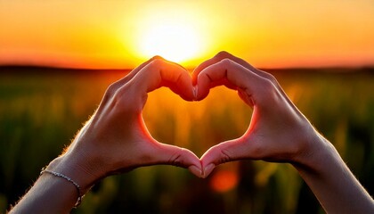Two hands join together to create the heart shape hand gesture during sunset; a heart shape hand gesture during sunset at the field; landscape photography; selective focus; blurred background