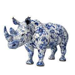 Ultra Realistic 3D Stained Glass Rhino with Floral Design in Blue and White Colors