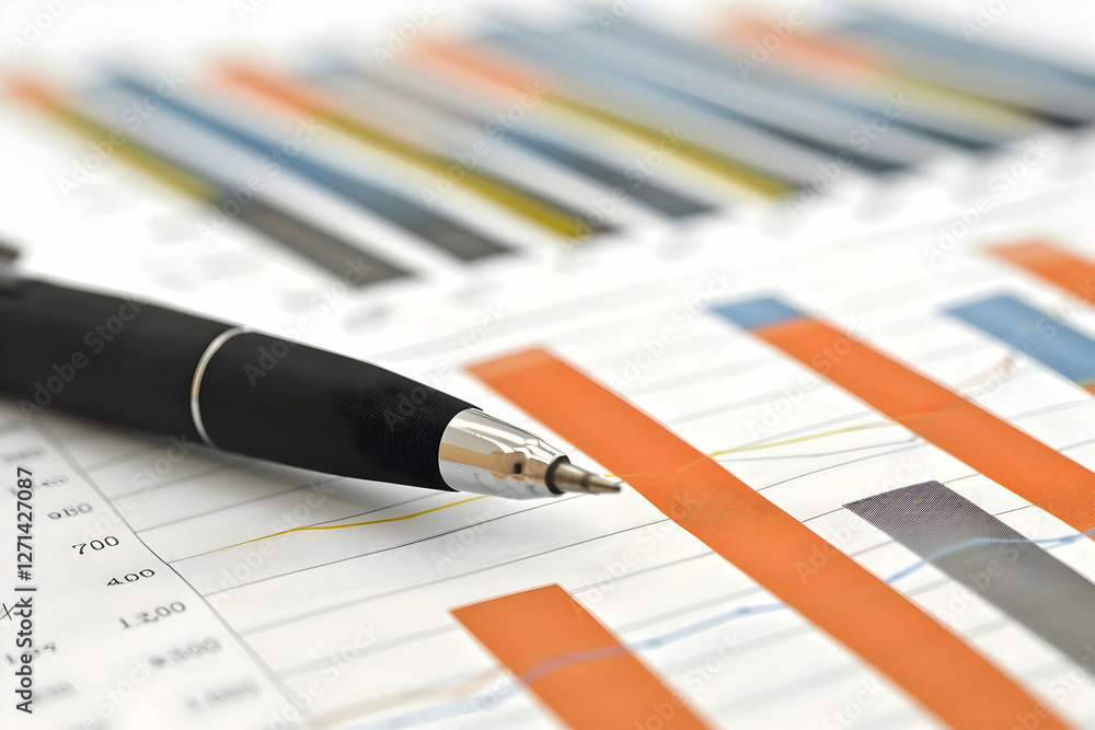 Poster close-up of a pen resting on a colorful bar graph, illustrating data analysis in an office