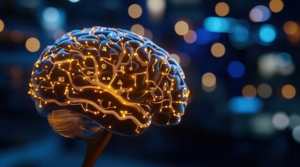 Fototapeta premium Illuminated brain, city night bokeh, neural network, technology concept