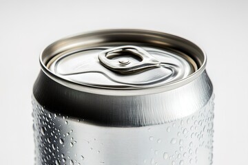 Close-up of a chilled aluminum can with condensation.