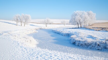 Fototapeta premium Frozen Winter Landscape, trees, icy river. Possible Use Stock photo for winter themes