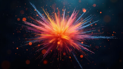 Abstract explosion of colorful particles radiating outwards with motion blur effects, set against a dark background for high contrast and energy