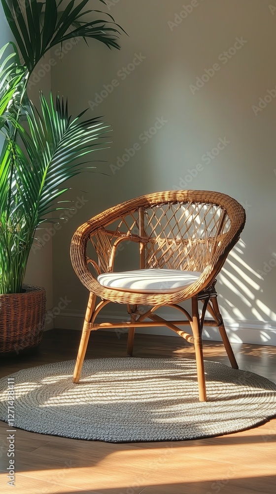 Canvas Prints Cozy chair in sunlit room with green indoor plant creating serene atmosphere