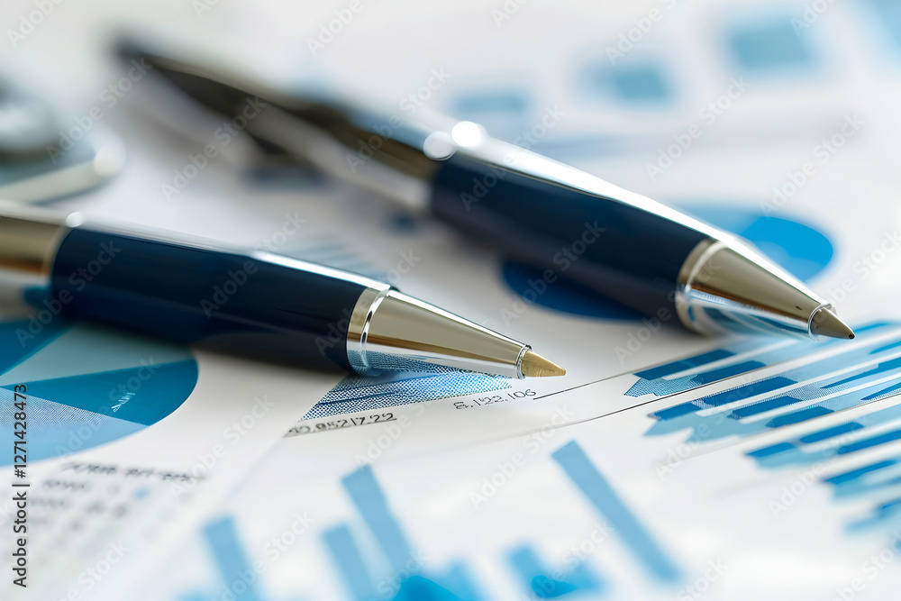 Poster close-up of blue pens resting on financial charts with graphs and data analysis in the background