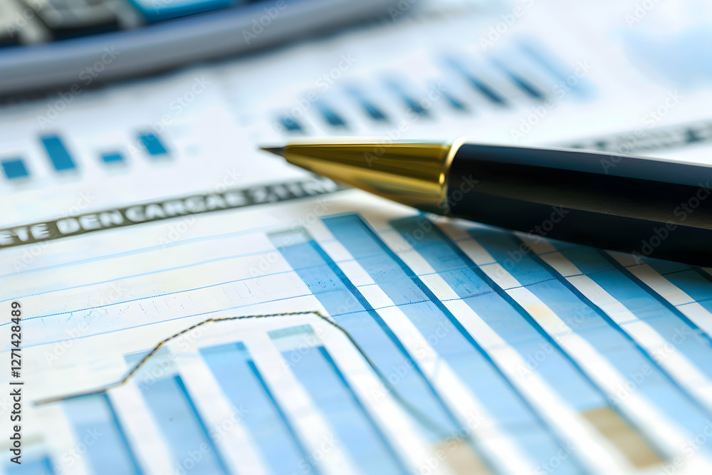 Poster close-up of financial graphs and charts with a pen on a desk, analyzing data trends and insights