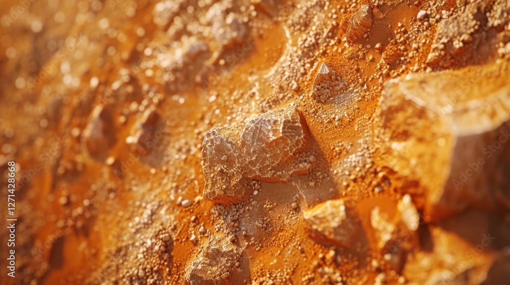 Poster Close up view of a rugged terrain featuring orange soil and various sizes of stones, illuminated by soft, natural light on a clear day.