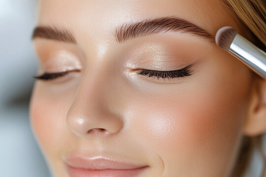 Zbliżenie twarzy kobiety z brokatowym makijażem i pędzlem do makijażu nakładającym brokat
