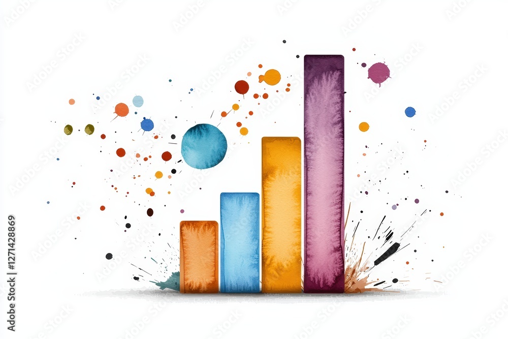 Poster a vibrant bar chart illustration with colorful splashes, symbolizing growth and data visualization i
