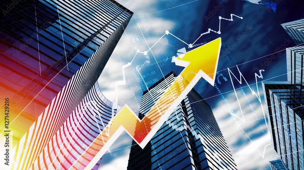 Poster financial progress visualization showing exponential graph climbing over modern urban skyline with d