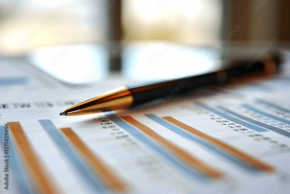 Poster close-up of a pen resting on financial documents with graphs and charts, indicating analysis