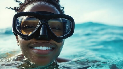 Fototapeta premium A diver wearing a snorkeling mask is smiling joyfully while floating in bright blue ocean water
