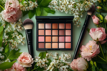 Paleta cieni do powiek z pędzlami otoczona różowymi i białymi kwiatami Flat Lay