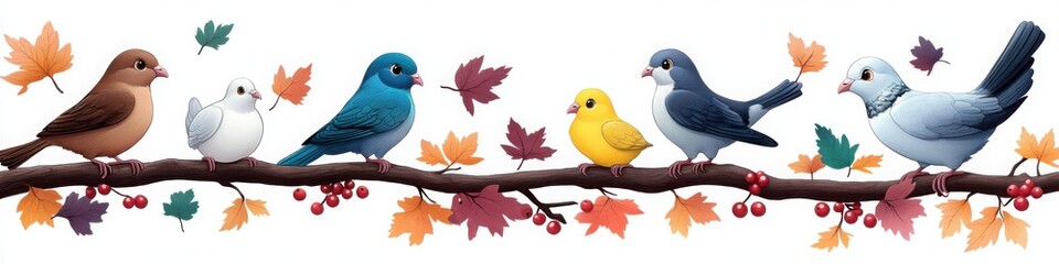 Songbirds perched on a tree branch with colorful autumn leaves and red berries in a seasonal nature scene

