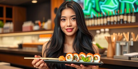 Young attractive woman with long hair holding a makizushi sushi roll on a black plate at a sushi bar, woman, black, sushi