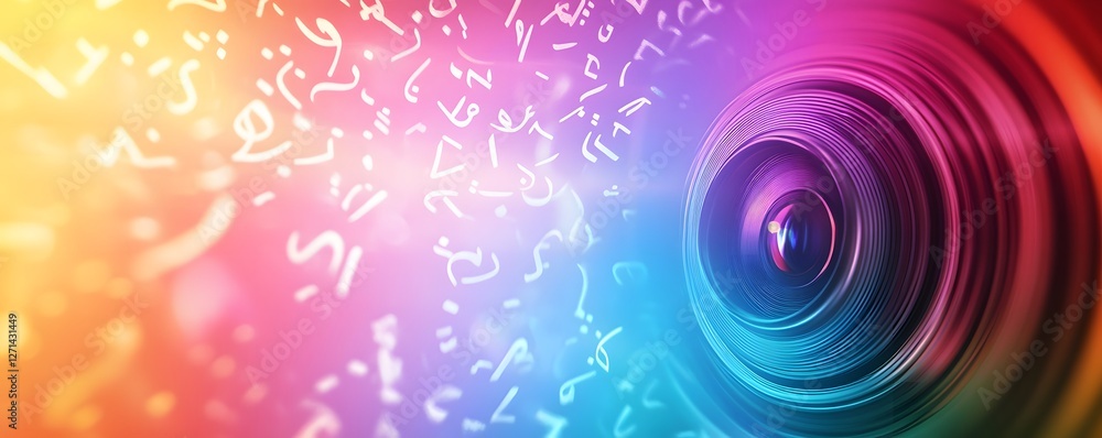 Poster colorful camera lens with floating calligraphy on abstract background