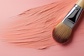 Pędzel do makijażu z różowym podkładem w kremie rozmazanym na teksturowanym tle do kosmetyków