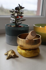 Flower pot, singing bowl and golden turtle on the window sill, close up.