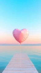 Obraz premium Serene Waterscape Pink Heart Balloon Above Wooden Pier Expressing Love and Hopeful Romantic Mood