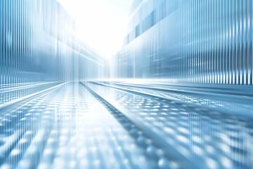 Futuristic cityscape with reflective surfaces and light beams creating a surreal atmosphere