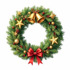 Fototapeta premium Festive Holiday Wreath with Golden Stars Bells and Red Bow Celebrating Winter Season Greetings