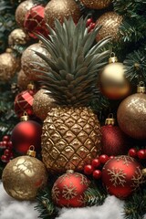 Golden pineapple surrounded by red and gold Christmas ornaments and evergreen branches in a festive holiday setting


