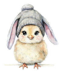 Cute Chick Wearing Gray Bunny Hat with Big Ears in a Whimsical Cartoon Style Illustration