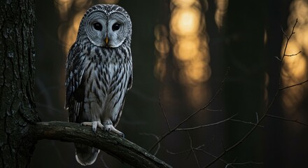 A striking barred owl perches on a branch in a dark forest, its piercing eyes gazing into the distance as the golden light of sunset filters through the trees.