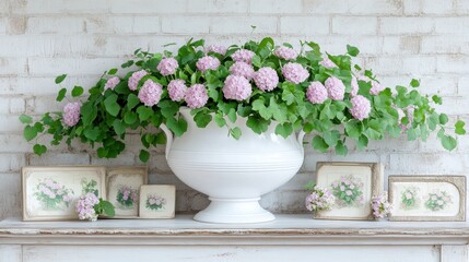 Elegant floral arrangement with pink hydrangeas in white vase on rustic shelf