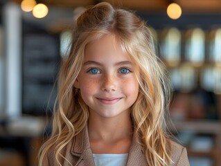 Obraz premium A young girl with long, blonde hair and bright blue eyes smiles softly, wearing a stylish plaid blazer. Her expression and attire create a charming, timeless look against a blurred background.