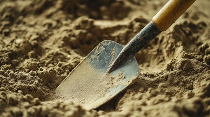 Close-up of Shovel in Sand - A Detailed View of Construction Material
