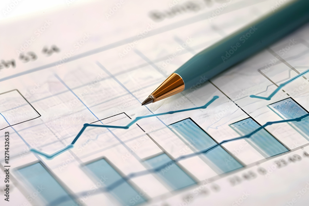 Poster close-up of a pen resting on a financial report with graphs and data analysis in focus