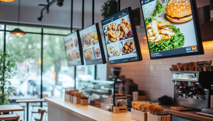 Fototapeta premium Modern Industrial Fast Food Restaurant Interior Mockup, AI