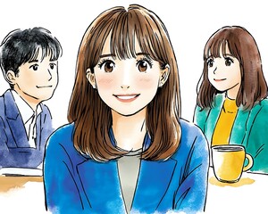 Smiling woman in meeting, colleagues in background, cafe setting