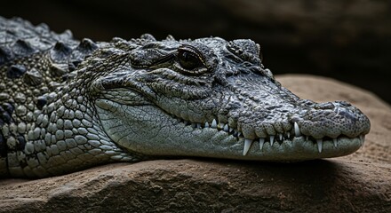 A powerful crocodile rests on a rock, its rough, scaly skin and sharp teeth visible in detail, with piercing eyes exuding primal strength and patience.