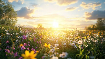 Fototapeta premium The sun shines on a spring landscape with blooming wildflowers at sunset