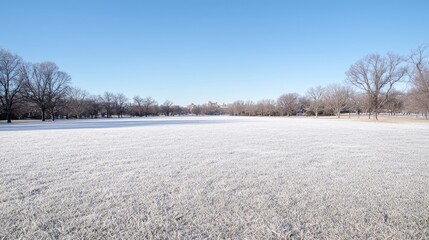 Obraz premium Winter park grass covered in frost, clear blue sky, distant buildings. Possible use Stock photo for winter scenes, nature, parks