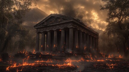Obraz premium Ancient temple in flames with dramatic skies and volcanic eruption in background