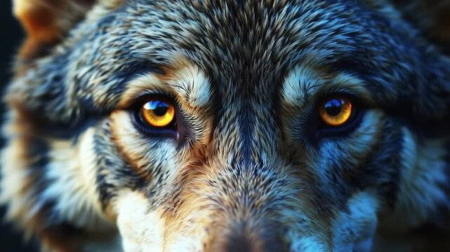Wolf eyes background, wild animal face in night, eyeballs in dark. White wolf eyes look in macro closeup, evil eye