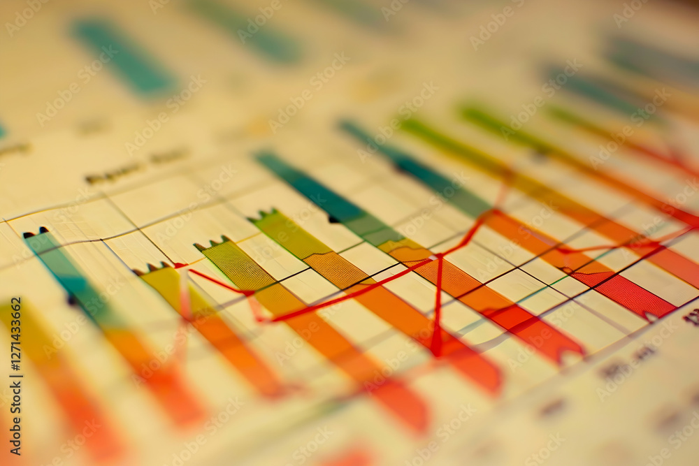 Poster colorful data visualization with bar graphs and line charts illustrating trends in analysis