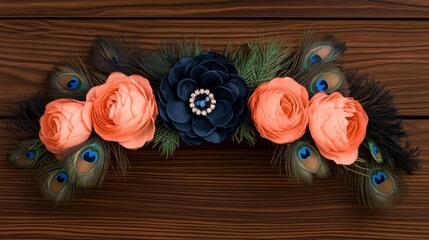 Elegant peacock feather and coral rose flower arrangement on wooden background