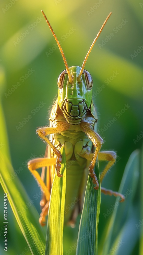 Poster close-up view of a vibrant green grasshopper perched on a leaf in soft daylight