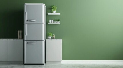 A stylish refrigerator stands next to minimalist counters in a beautifully designed kitchen. Subtle green walls enhance the contemporary ambiance, inviting creativity