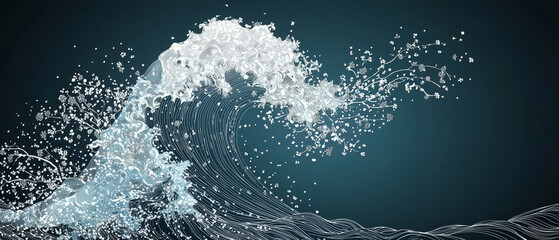 Obraz premium Ocean wave art: floral design, swirling lines, blue-grey backdrop