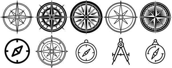 Compass Icons Set, Silhouette and Line Art Vector Illustration