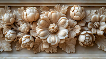 Intricately carved floral design featuring various blossoms and leaves.