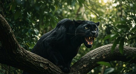 Obraz premium A fierce black panther snarls atop a thick tree branch in a dense jungle, its sharp teeth bared and piercing yellow eyes locked in an intense gaze, exuding power and stealth.