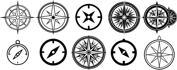 Compass Icons Set, Silhouette and Line Art Vector Illustration