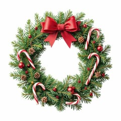 Fototapeta premium Festive Evergreen Wreath Adorned with Red Bow and Candy Canes Holiday Christmas Decoration
